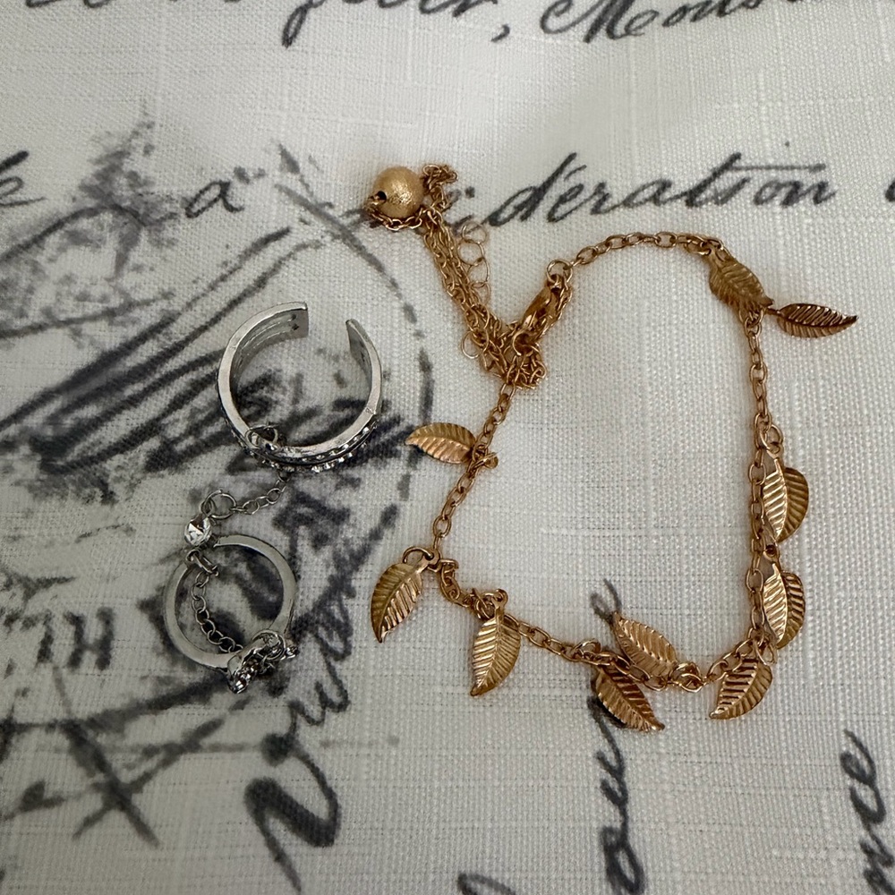 Rose Gold Leaf Bracelet and Silver Ring Set